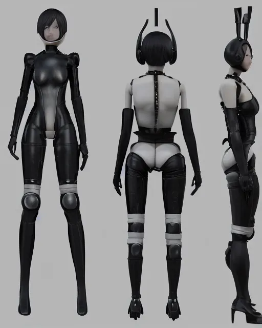 Image similar to CAD screenshot of a realistic android companion modeled after 2B from Nier Automata and with slender body type and prominent ceramic hex tile armor plates wearing wearing short clothes , solidworks, catia, autodesk inventor, unreal engine, gynoid cad design inspired by Masamune Shirow and Nier Automata and Ross Tran, product showcase, octane render 8k