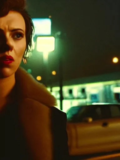 Image similar to “ movie screen shot of under the skin, charismatic scarlett johansson is looking down a street at night, suspense, cinematic, epic, dramatic ”