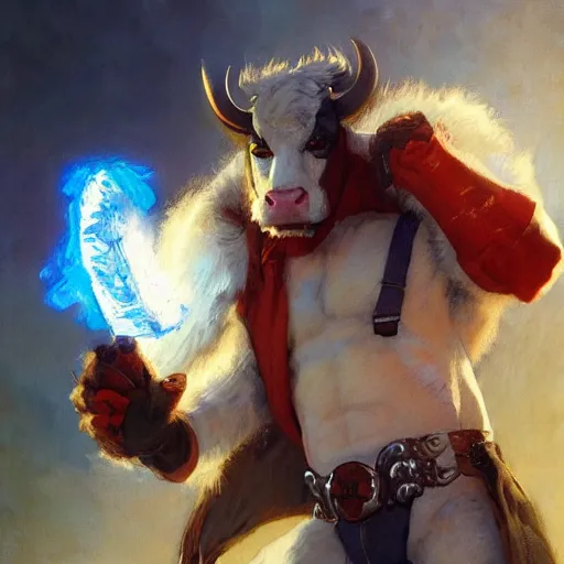 Prompt: cow cowman furry fursona superhero, gaston bussiere, artgerm, greg rutkowski, john berkey, ruan jia, jack kirby, marvel