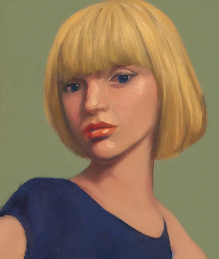 Image similar to a closeup portrait of woman with a blonde bob with bangs, frontal view, in the style of edward hopper, very fine brush strokes, 4 k,