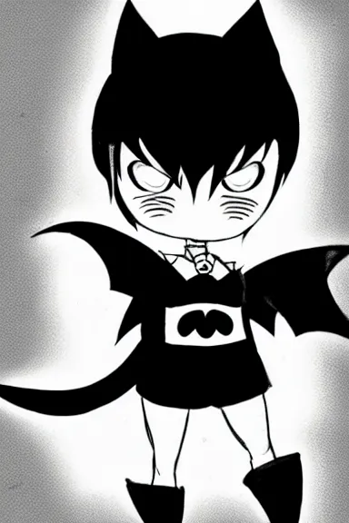 Image similar to attractive little boy in black cat suit with cape, black and white artwork made by boichi,