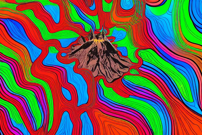 Image similar to a psychedelic volcano in front of a checkerboard background, high definition, digital art