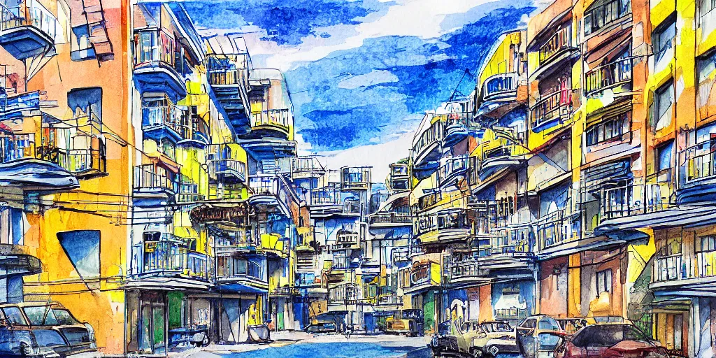 Prompt: painting of rounded bauhaus style balconies in a junction in dizingof center in tel aviv. highly detailed. pen drawing painted with watercolors. colorful. low buildings. palm trees. super realistic. fluffy