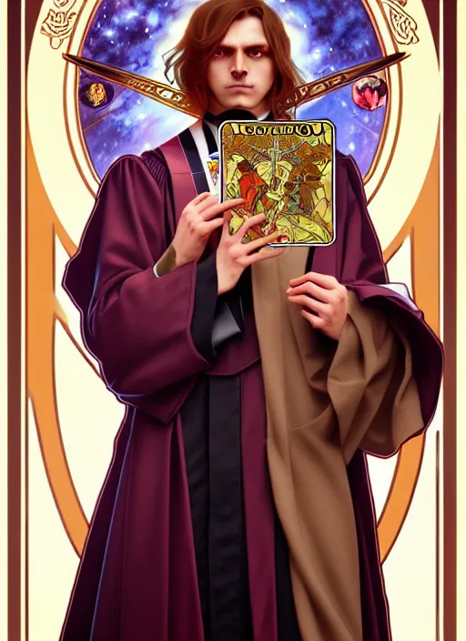 Prompt: overlord, wearing an academic gown, tarot card, highly detailed, deep focus, elegant, digital painting, smooth, sharp focus, illustration, ultra realistic, 8 k, art by artgerm and alphonse mucha