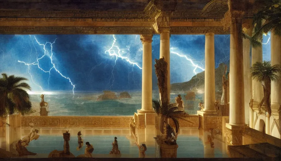 Image similar to From inside the balcony of the giant Palace, mediterranean balustrade and columns, refracted lines and sparkles, thunderstorm, greek pool, beach and Tropical vegetation on the background major arcana sky and occult symbols, by paul delaroche, hyperrealistic 4k uhd, award-winning, very detailed paradise