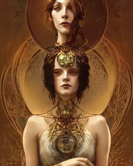 Prompt: tarot card, high priestess, Art nouveau, intricate, elegant, highly detailed, concept art, sharp focus, beautiful face!!, digital art, smooth, by Bastien Deharme, Brom, trending on Artstation, Alphonse Mucha