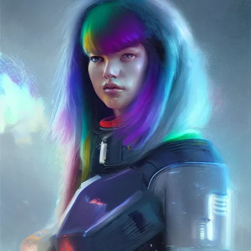 Image similar to girl with rainbow hair wearing futuristic space armor, official art, by jeremy lipking, by charlie bowater, photorealistic digital drawing, anime style, cgsociety, digital art