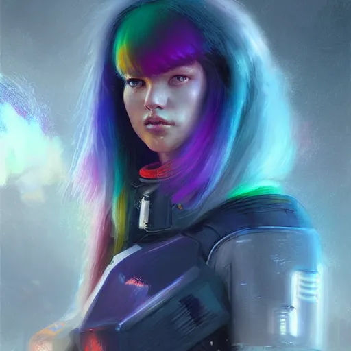 Prompt: girl with rainbow hair wearing futuristic space armor, official art, by jeremy lipking, by charlie bowater, photorealistic digital drawing, anime style, cgsociety, digital art