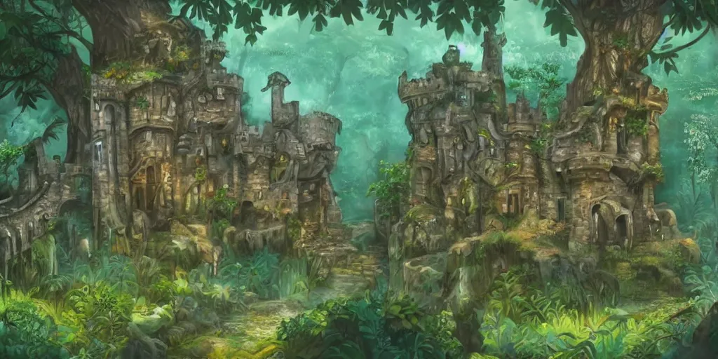 Prompt: a castle hidden in the jungle, overgrown with trees, misty, whimsical, cute art style, highly detailed, 4 k