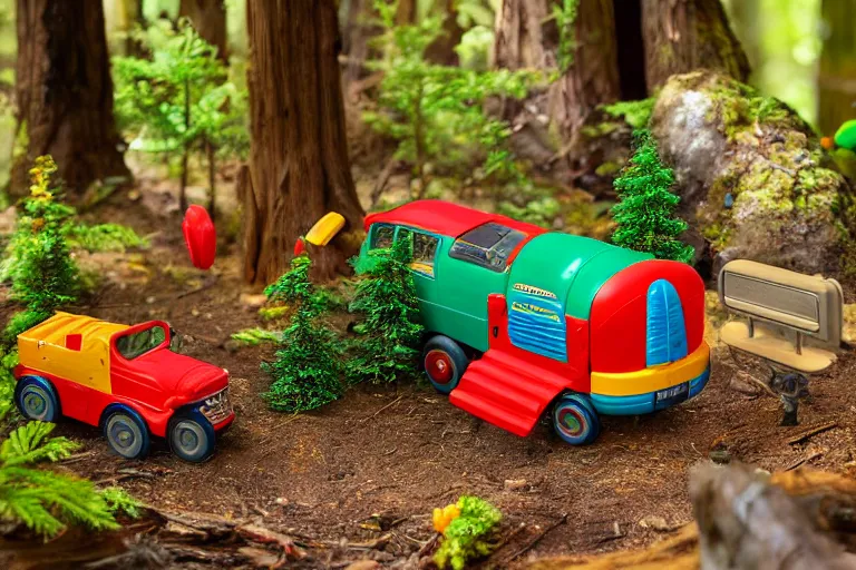 Prompt: fisher price redwood forest, california scene from tv show hyper detailed 5 5 mm 8 5 mm, toy photography