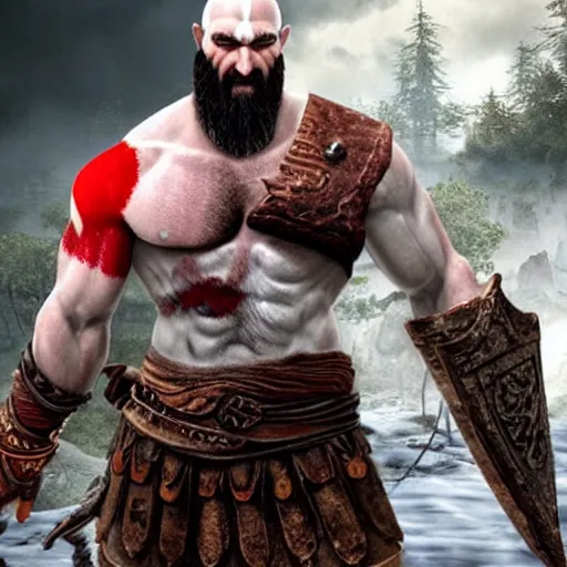 Prompt: Kratos from god of war standing in front of a mcdonalds