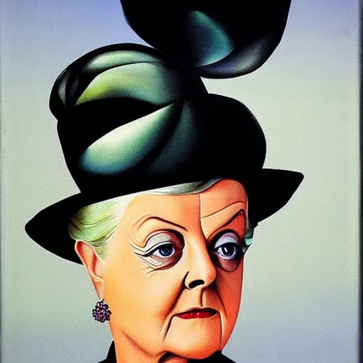 Image similar to very beautiful portrait of dame angela lansbury wearing pearls, detailed and colorful and painted by rene magritte