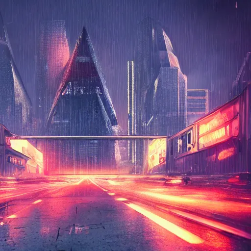 Image similar to gigantic metal pyramid in the distance, brutalist, blade runner, sci fi, stunning detail, cityscape, cyberpunk, wet street, 8k, cinematic lighting, ultra realistic, colorful, neon, octane rendered,