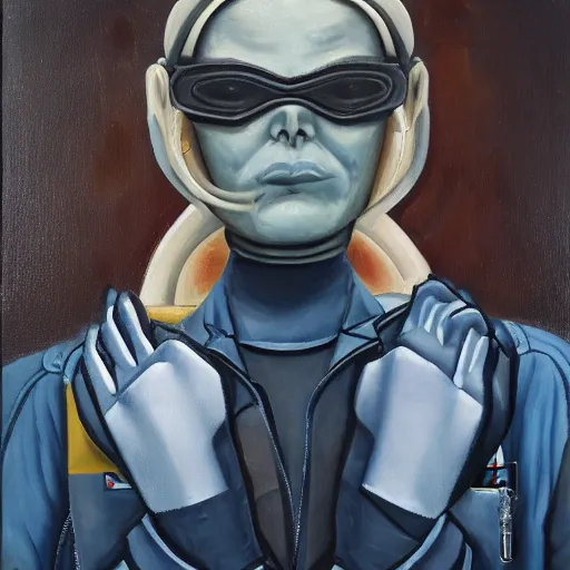 Prompt: square - jawed emotionless serious blonde woman starship engineer, tribal tattoos, handsome, short slicked - back hair, sweating, uncomfortable and anxious, looking distracted and awkward, wearing victorian dark goggles, flight suit and gloves, highly detailed, oil painting