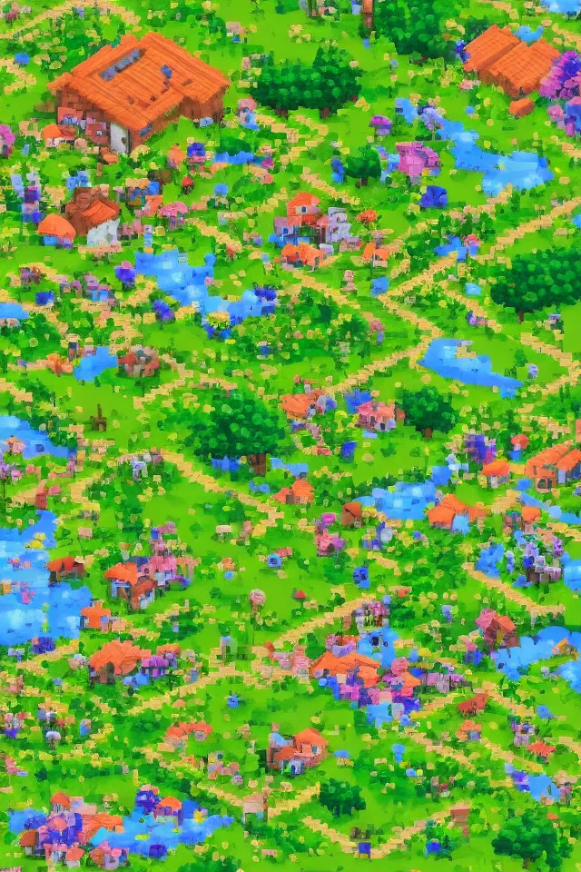 Prompt: a countryside, green hills and blue sky with patches of clouds, nature in all its beauty, some houses in the background, star - shaped flowers in the foreground, we can see the sea, pixel art, indie game, 3 2 bits, sprite, detailed,