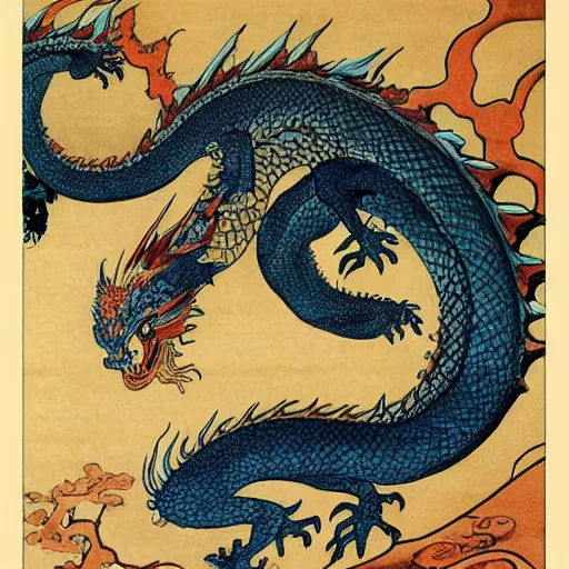 Image similar to a fractal dragon by hokusai, by james jean, by bosch