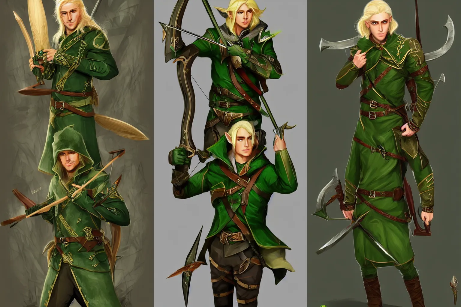 Prompt: Handsome blonde elven ranger in green jacket wielding two crossbows. ArtStation, Fantasy.