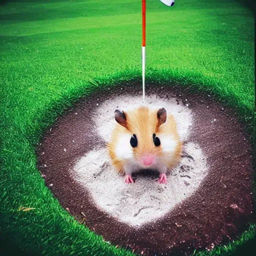 Prompt: “ hamster coming out of a golf hole, golf flag next to hole ”