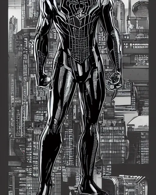 Image similar to black and white cyberpunk spiderman future foundation suit sleek greeble suit