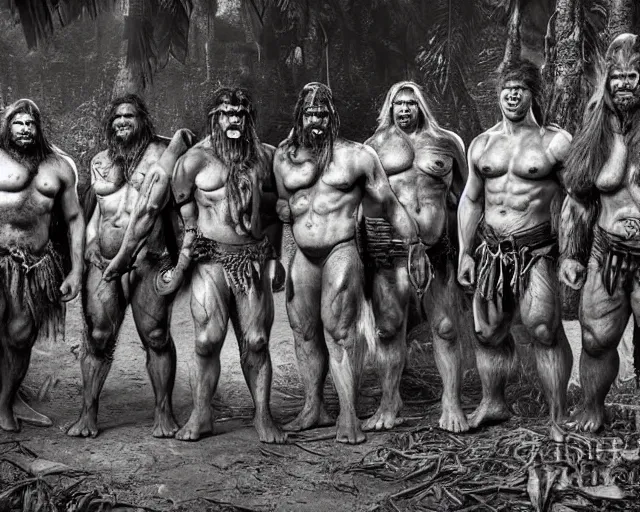 Image similar to hyper realistic group vintage photograph of a live action warcraft orc warrior tribe in the jungle, tall, hulk like physique, detailed faces, tribal paint, tribal armor, grain, old, monochrome, sepia toned, realistic lighting, wide angle