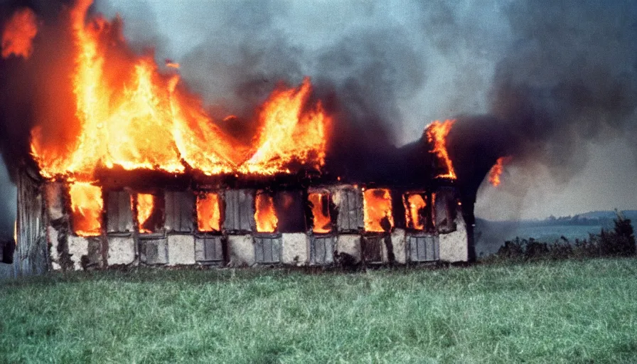 Prompt: 1 9 7 0 s movie still of a burning french village's house in a field, cinestill 8 0 0 t 3 5 mm, high quality, heavy grain, high detail, texture, dramatic light, ultra wide lens, panoramic anamorphic, hyperrealistic