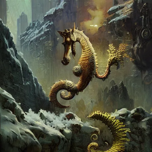 Image similar to a beautiful painting by frazetta, trending on artstation, artstation A beautiful matte painting about a seahorse made out of ferns and fractal patterns, covered in snow leopard, cyberpunk fabric, still life