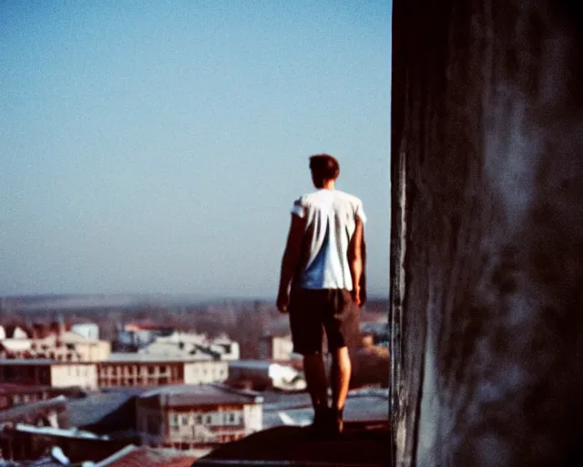 Image similar to lomo photo of man standing on the roof of soviet hrushevka, small town, cinestill, bokeh, out of focus