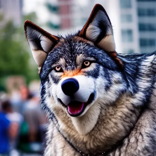 Prompt: portrait of a wolf fursuiter at a furry convention, outdoors in the city, realisitc photo