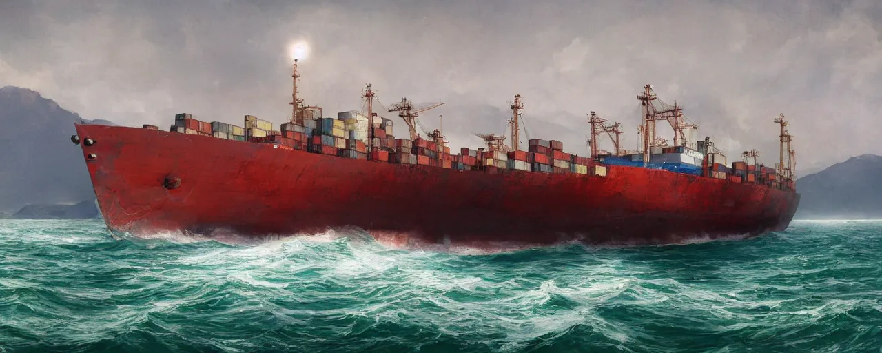 Prompt: paintifng of seasoned rusty container ship containership near mountain sea shore by repin, matte painting, detailed, amazing, 4k resolution