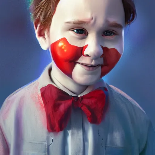 Prompt: Young Haley Joel Osment from the movie AI as cute clown kid, , by Stanley Artgerm Lau, WLOP, Rossdraws, James Jean, Andrei Riabovitchev, Marc Simonetti, Yoshitaka Amano, ArtStation, CGSociety,