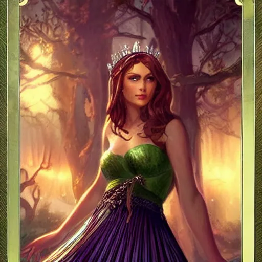 Prompt: A beautiful Queen of the Fae with brown hair wearing a pleated green dress and a silver diadem, Magic the Gathering card art