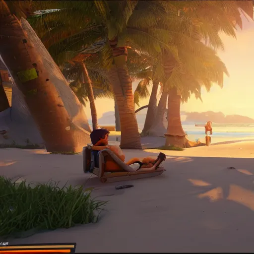 Image similar to d. i. v. a from overwatch relaxing at the beach getting a sun tan, unreal engine 5 4 k