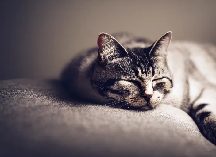 Image similar to dslr photo still of a closeup of a sleeping cat, 4 k, 8 5 mm f 1 6