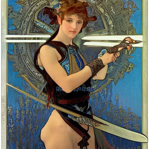 Prompt: realistic portrait of an elf girl with blue hair wore black armor, the silver sword shone, the battlefield is behind her, fire, city, 8K by Alphonse Mucha, H. R. Giger