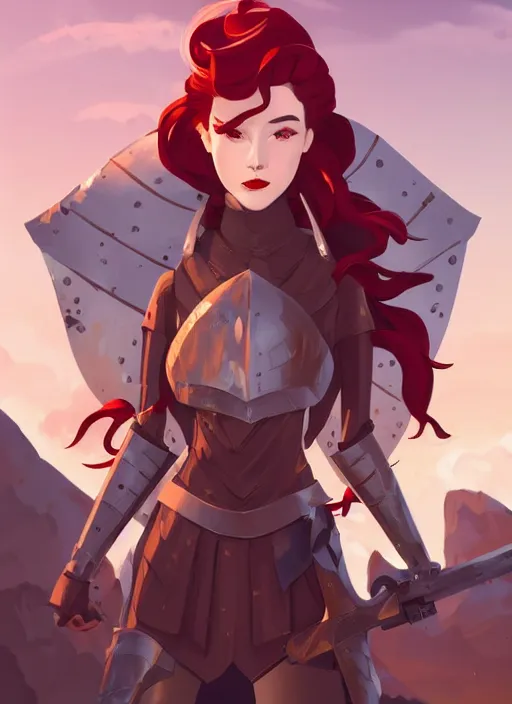 Image similar to a young woman in full plate armor with beautiful hair and red lips stages in a dramatic pose. she is a knight. clean cel shaded vector art. shutterstock. behance hd by lois van baarle, artgerm, helen huang, by makoto shinkai and ilya kuvshinov, rossdraws, illustration, art by ilya kuvshinov