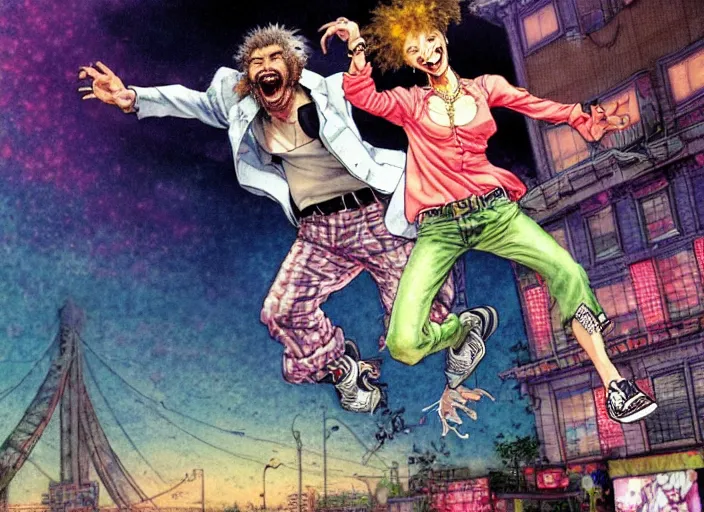 Prompt: a funky disco crackhead jumping around in the club, by takehiko inoue and kim jung gi and thomas kinkade, masterpiece illustration, realistic face and anatomy