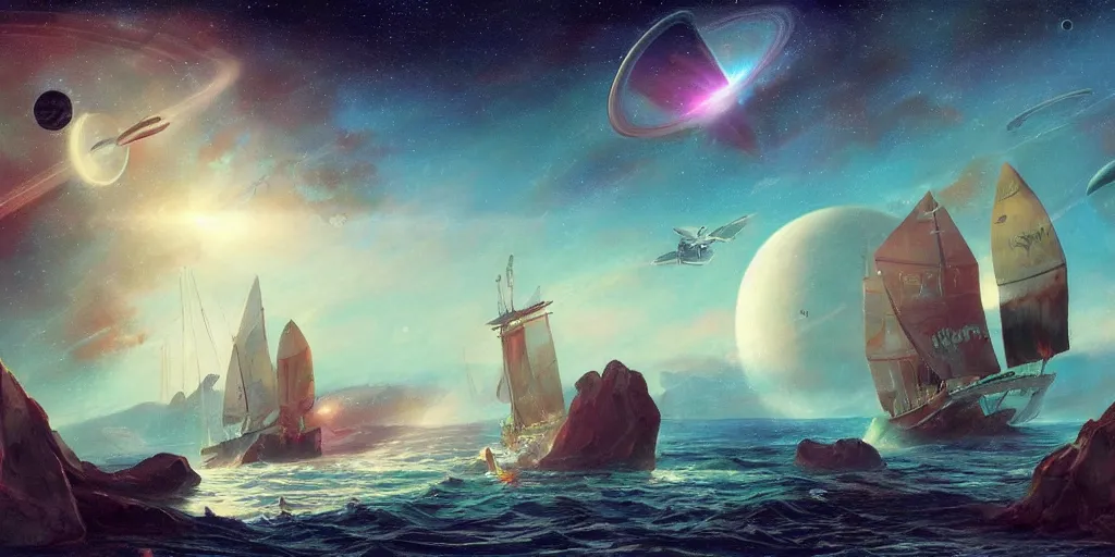 Image similar to a sail powered pirate spaceship sailing through an asteroid belt around in saturns rings saturn can be seen in the background, in the style of hudson river school, trending on art station, colorful, space