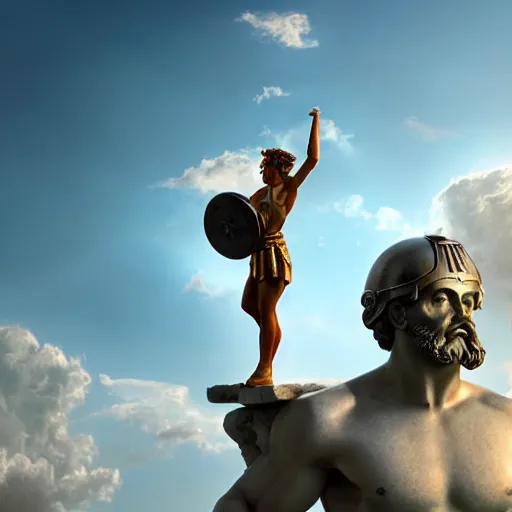 Image similar to tiny greek goddess in steel helmet standing on a giant greek bearded male head of Zeus, greek temple of olympus glory island, late afternoon light, wispy clouds in a blue sky, by frank lloyd wright and greg rutkowski and ruan jia