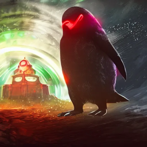 Image similar to penguin with red glowing eyes in front of a green glowing tower in the background, guild wars 2 art style