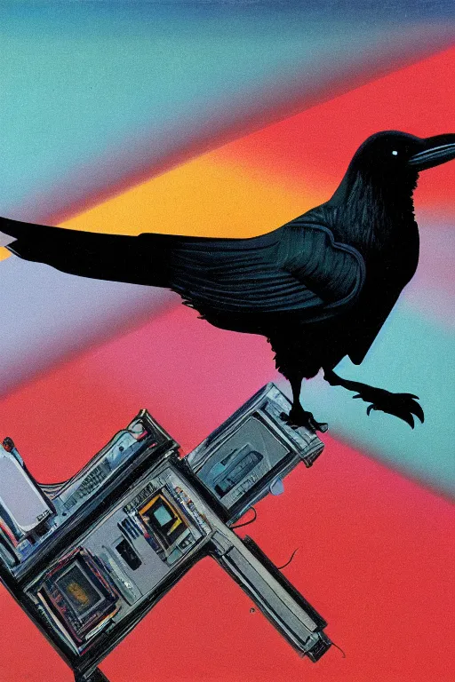 Image similar to a raven standing amongst 8 0 s era technology, vintage shapes, retro technology, pantone color, wayne barlow, oil on canvas, deep depth of field, masterpiece, cinematic composition, hyperdetailed