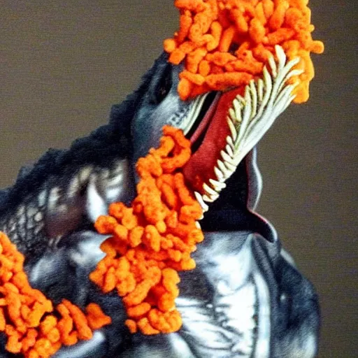 Prompt: ultra realistic dinosaur eating Cheetos, Napoleon Bonaparte