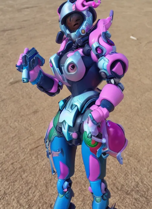 Image similar to d. va from overwatch at burning man, stop motion vinyl action figure, plastic, toy, in style of michael cheval, 3 5 mm