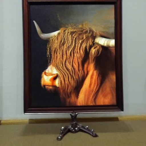 Prompt: oil painting by rembrandt of a highland cow contemplating the bust of aristotle.