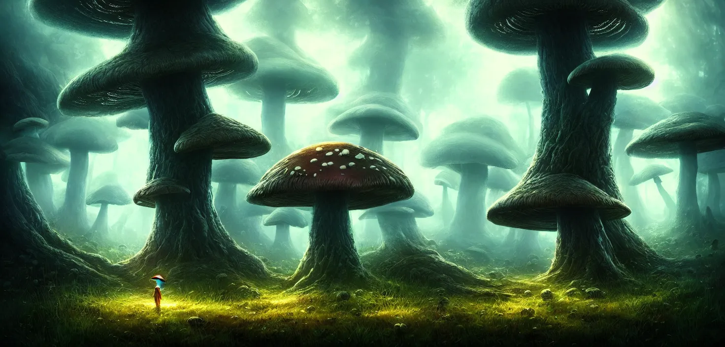 mushroom tree magic forest, cinematic view, epic sky