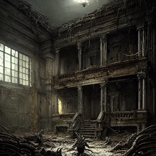 Image similar to bloody demonic snarling eldritch horror creature, many needle spikes, inside an old abandoned house, backlit, extremely detailed digital matte painting by Greg Rutkowski and H.R. Giger
