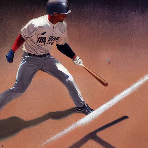 Image similar to baseball player hitting the ball with the baseball bat in the middle of the game and in front of everyone in the stadium, james gurney painting style, greg rutkowski, artstation