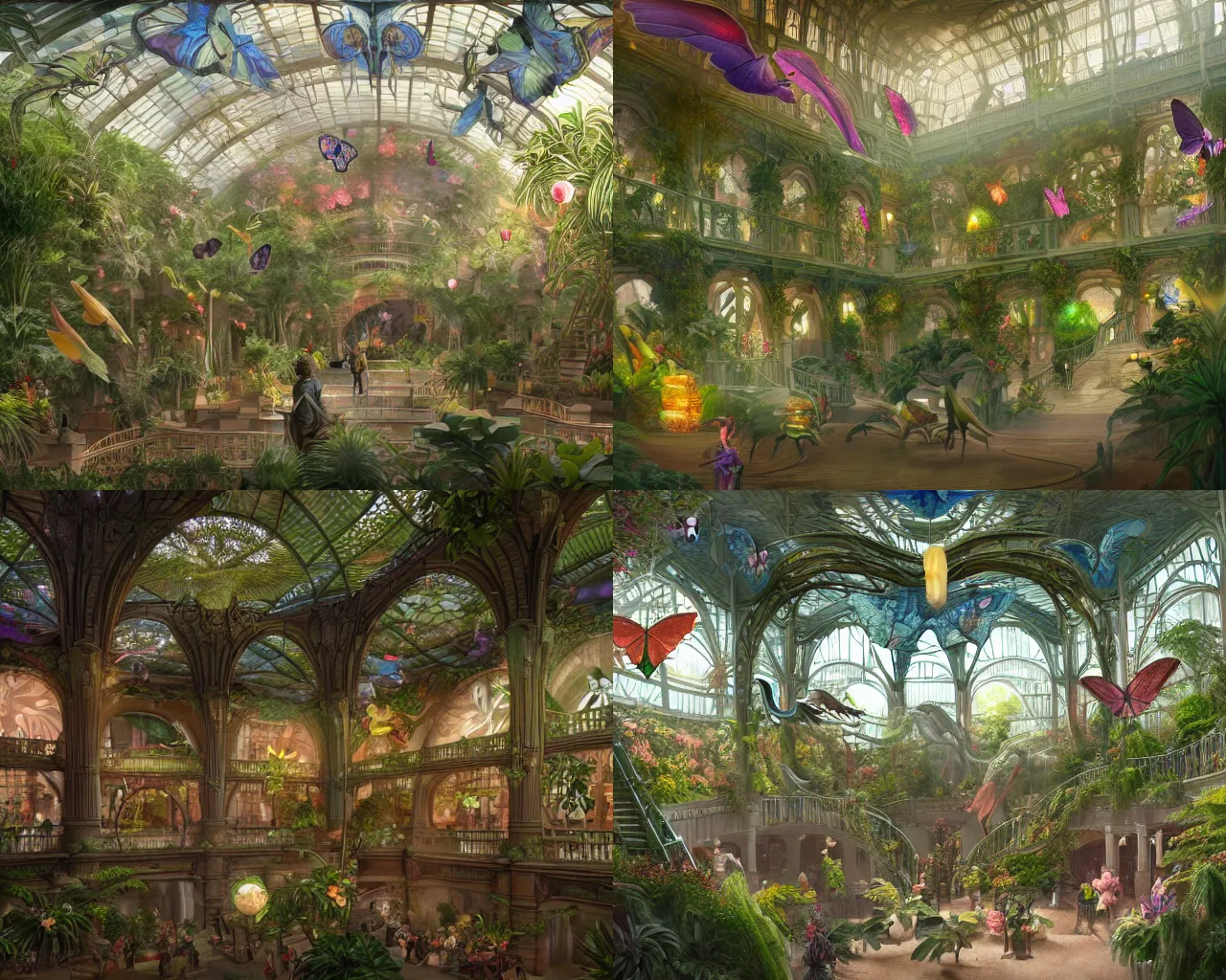 Prompt: Matte painting of the interior view of giant botanical museum. ArtNouveau architecture. Colorful birds flying. Exotic plants. Paper lanterns. Glowing butterflies. Small dinosaurs. Witches and wizards studying and walking. Fantastical, detailed digital art trending in artstation