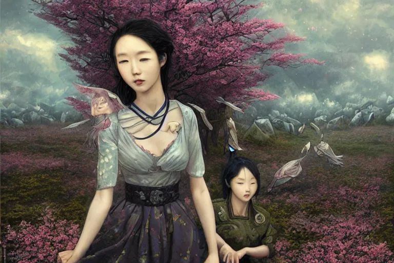 Image similar to Lee Jin-Eun by Andrew Ferez, rule of thirds, seductive look, beautiful, in intergalactic HQ with sakura trees