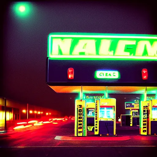 Prompt: “gas station photography, neon, heavy rain, cars, cyberpunk, various subjects, 8k, high detail, digital photography, in the style of William eggleston”