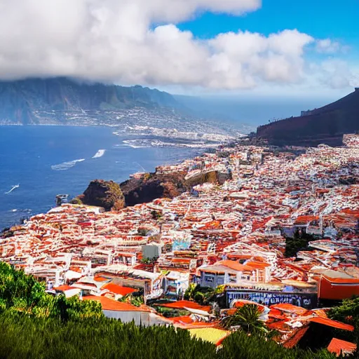 Image similar to madeira island, funchal, very very wide shot, realism, cinematic shot